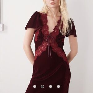 Reclaimed Vintage maxi dress with lace inserts in burgundy red velvet